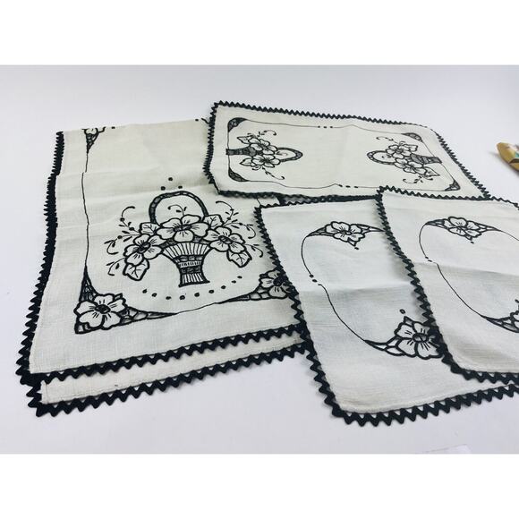 4 Pc Set Vintge Linen Table Runner Dresser Scarf Cutwork Floral Black Embroidery - Picture 3 of 16